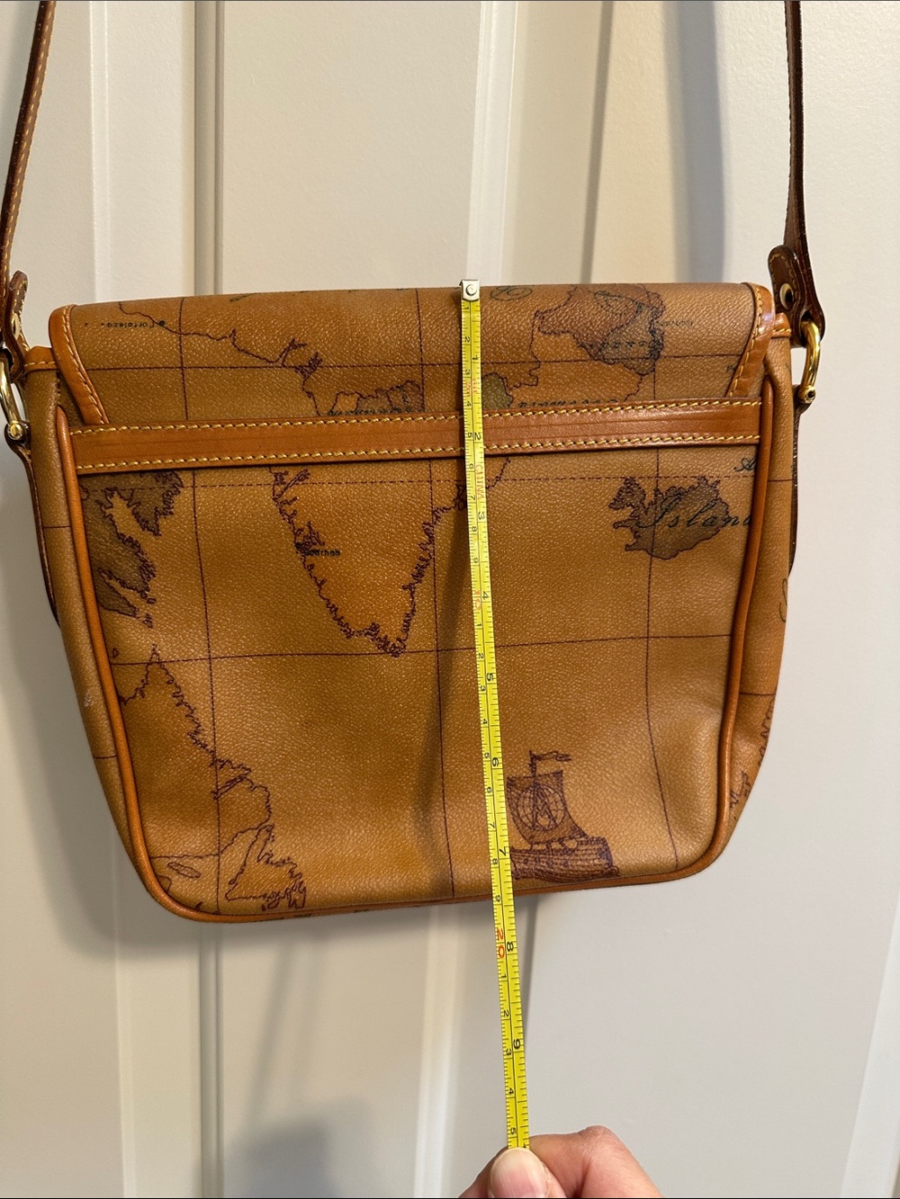 Alviero Martini Leather Map-Print Crossbody Bag in Cognac - Picture 2 of 7